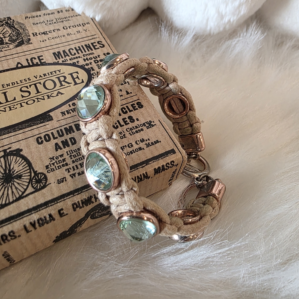 Tan Bracelet with Green Gem Accents - Picture 2 of 12